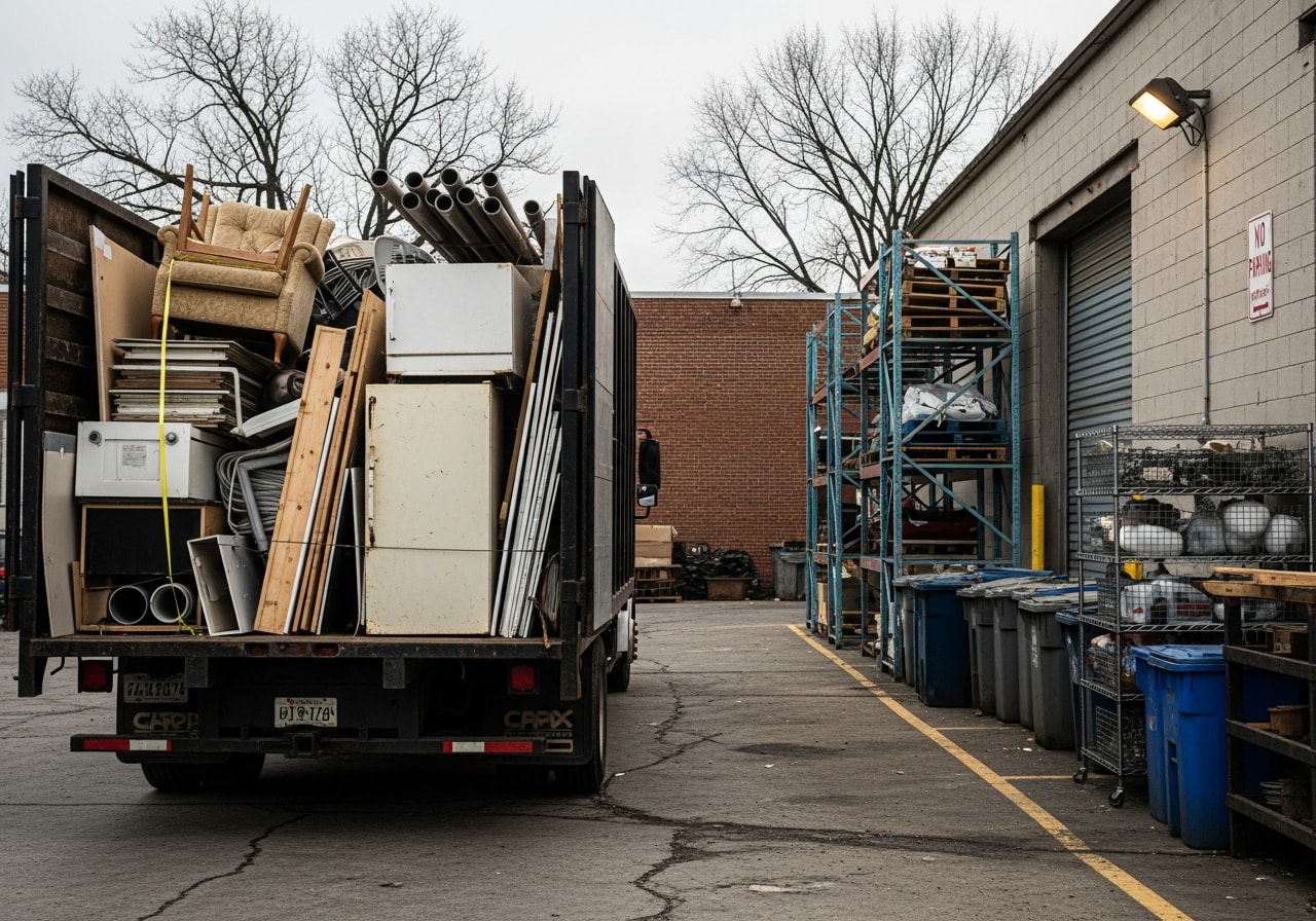 Junk removal crew loading furniture and debris into a truck bed.