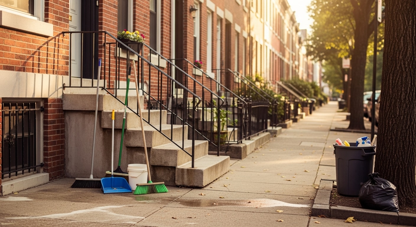 Professional cleaning team organizing and cleaning residential space