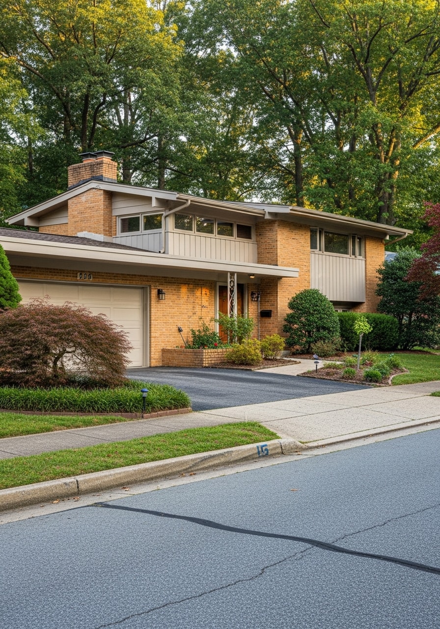 Exterior detail of a Greenbelt home showing period architectural features and well-maintained landscaping.