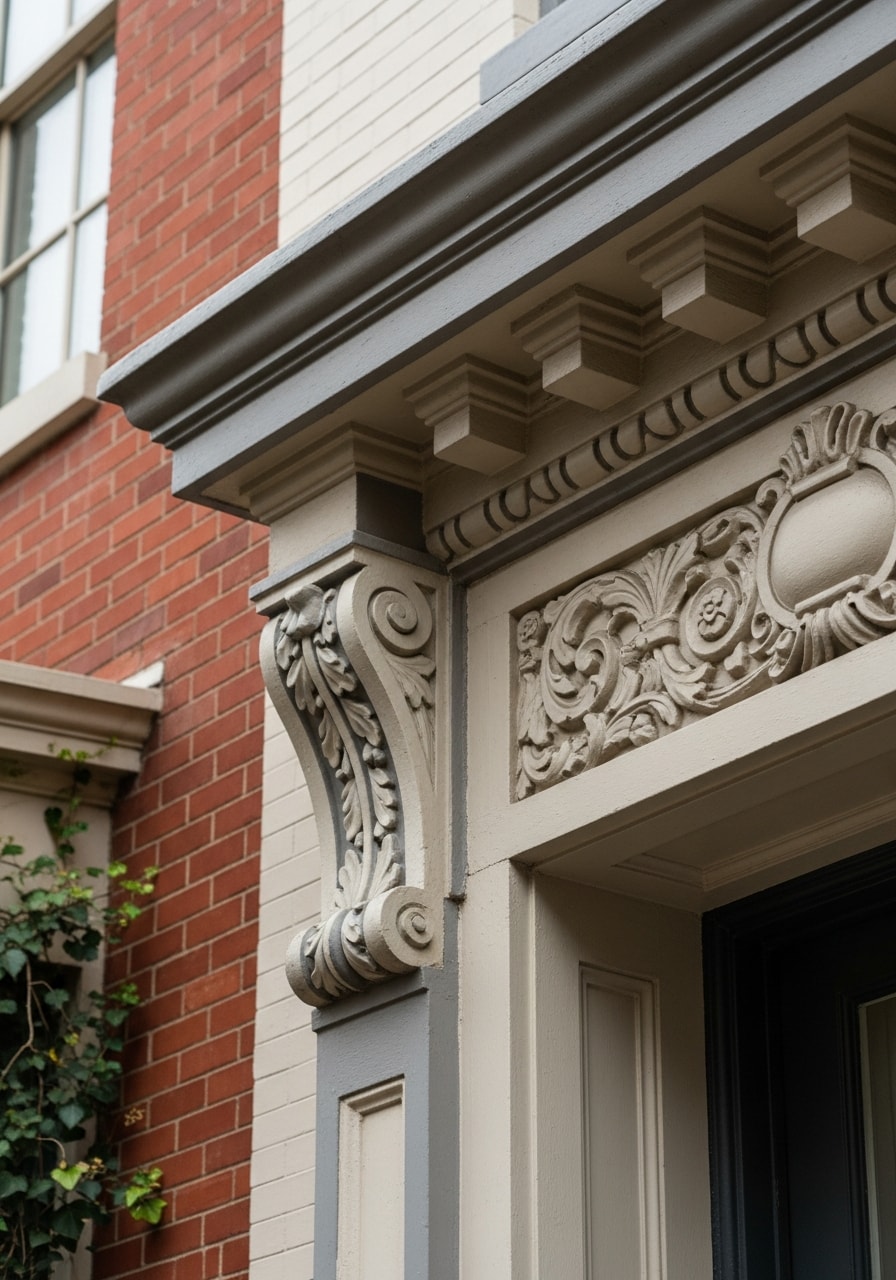 Close-up of ornate architectural details on a DC building entrance, showing period molding and craftsmanship.