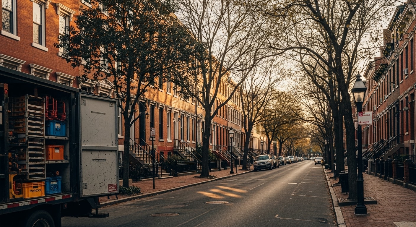 Historic row houses on a tree-lined street in Washington, DC with brick facades and traditional storefronts.
