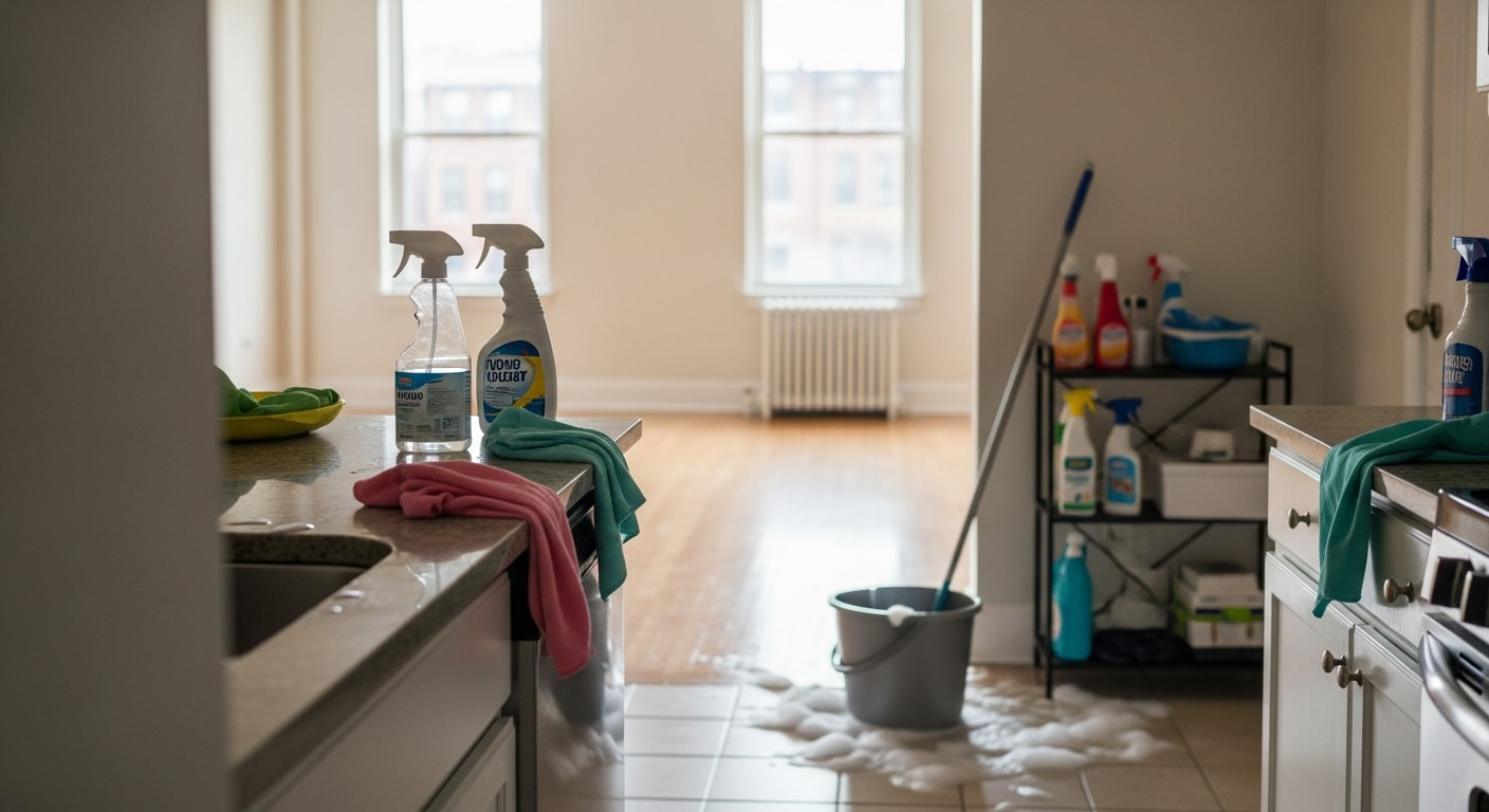 A clean Washington DC apartment kitchen with scrubbed countertops, wiped appliances, and mopped tile floors after a professional cleaning service. The unit is empty and move-in ready.