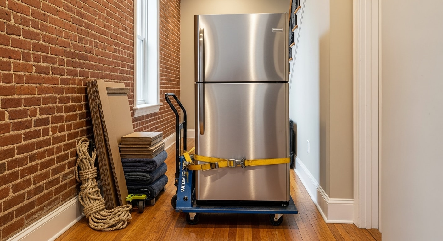 A Junkoutpros crew member loading a large residential appliance onto a removal truck outside a Washington DC row house. The front door and narrow entry steps of the brick home are visible in the background.