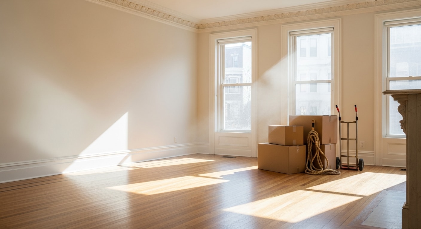 A cleared living room in a Washington DC row house after clutter removal, with empty floor space where furniture and boxes previously sat. A Junkoutpros crew member loads the last items onto a truck parked on a DC residential street.