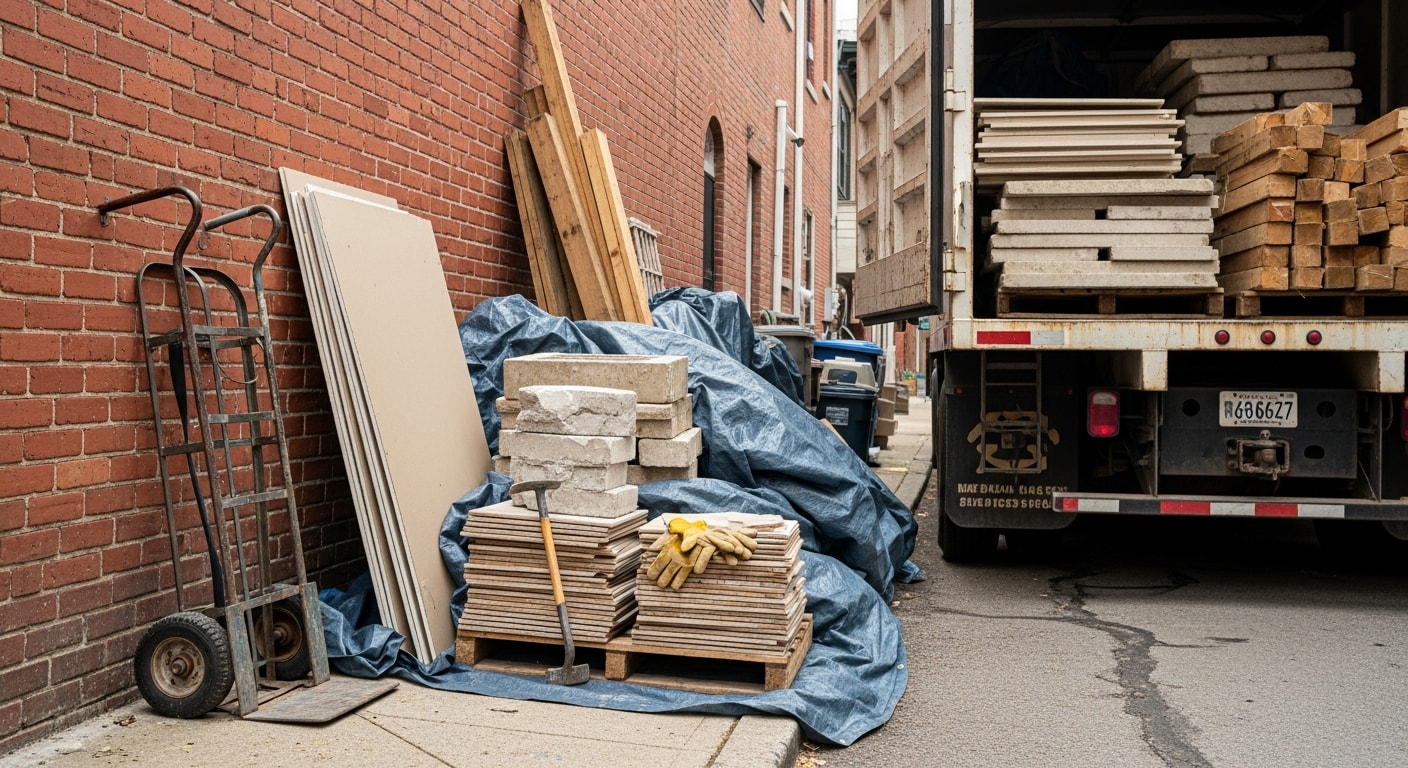 A Washington DC rowhouse exterior with a cleared front area after construction debris removal, showing an empty space where drywall scraps, lumber, and tile waste were loaded onto a junk removal truck. A Junkoutpros crew member stands near the truck on a residential DC street.