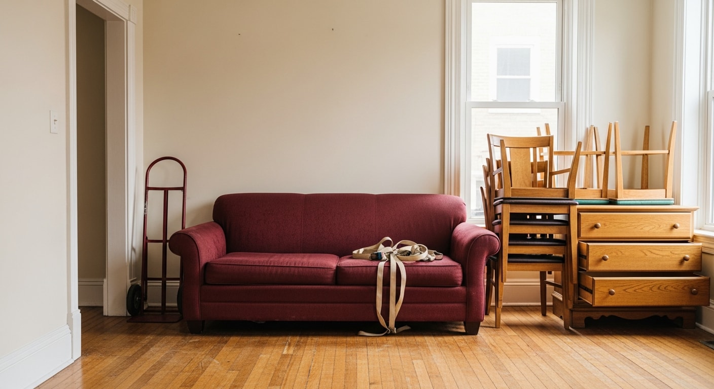 A Junkoutpros crew loading a large sofa and wooden dresser onto a truck outside a Washington DC rowhouse. The cleared living room is visible through the open front door.