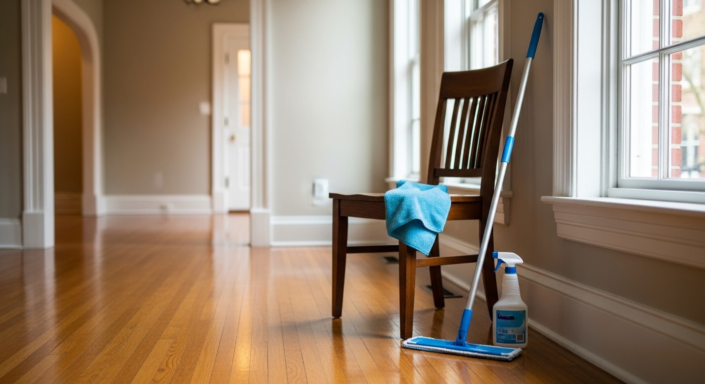 A clean kitchen and living area inside a Washington DC row house after professional house cleaning service. Countertops, floors, and surfaces are clear and free of dust and grime.