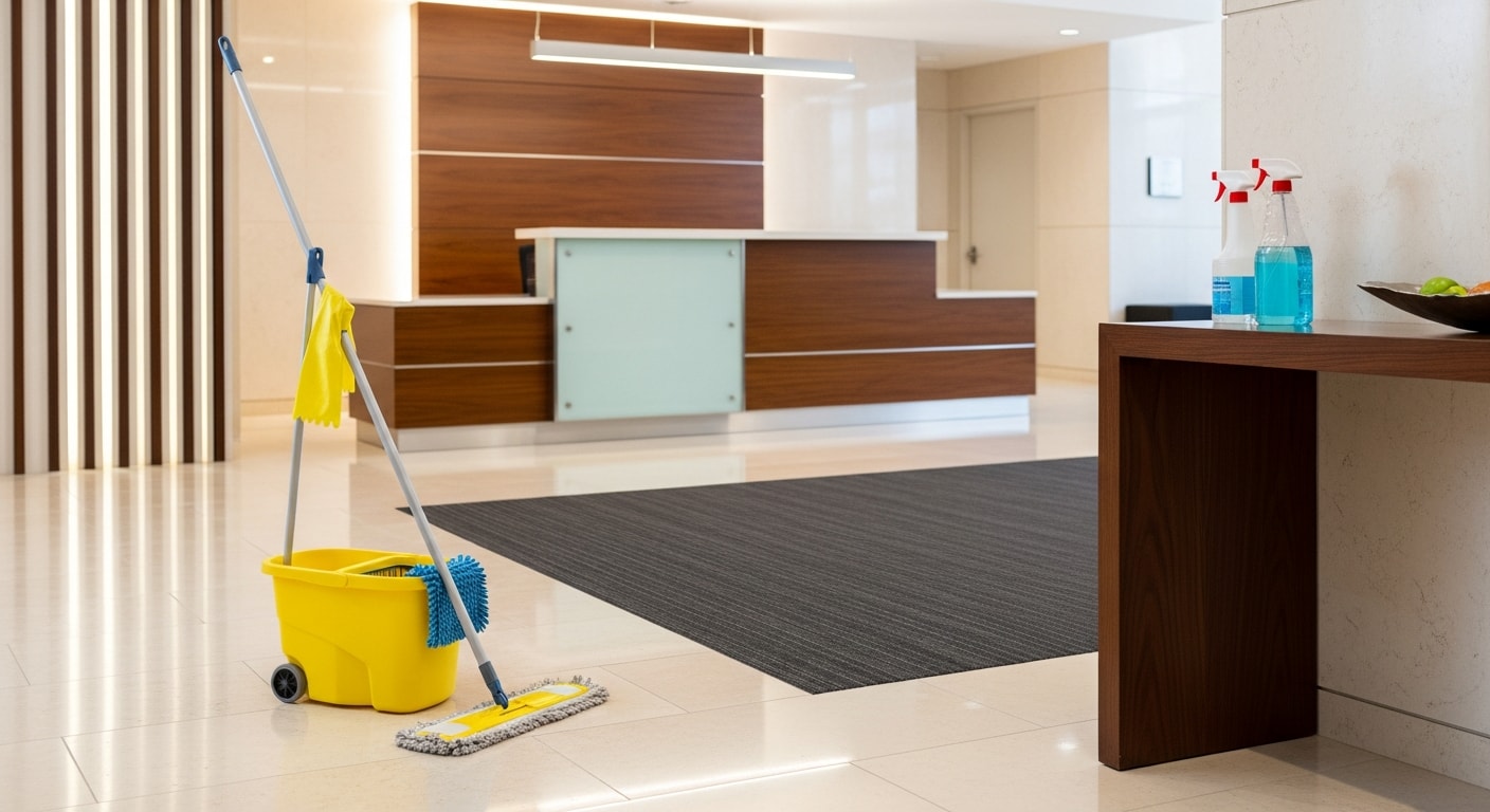 A freshly cleaned open-plan office in Washington DC with wiped-down workstations, vacuumed carpet, and sanitized common surfaces. Bright overhead lighting shows a tidy, organized workspace ready for the business day.