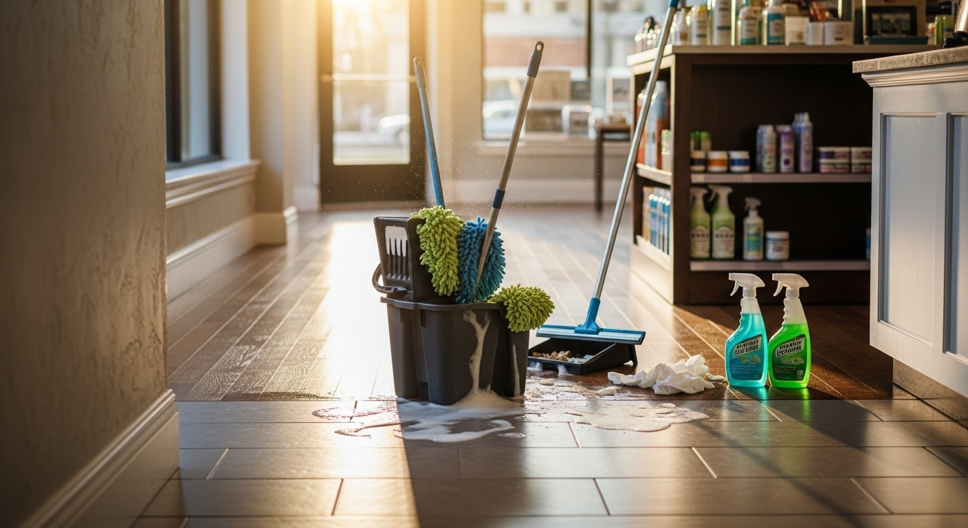 A clean retail store interior in Washington DC with polished floors, wiped display counters, and an organized checkout area after professional store cleaning by Junkoutpros.