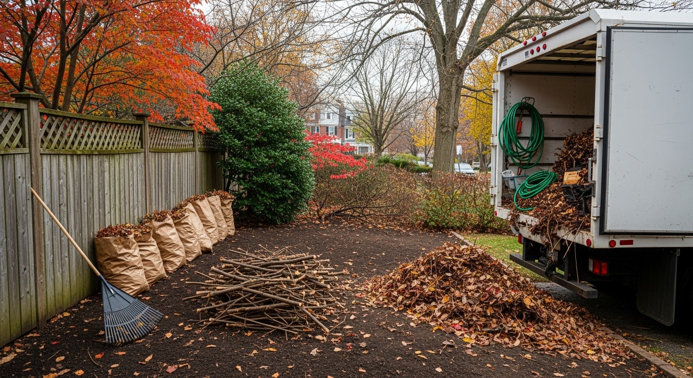 A cleared Washington DC residential backyard after yard cleanup service, with no leaf piles, brush, or debris remaining on the lawn or along the fence line. A crew member loads the last of the branch and leaf waste into a hauling truck parked in the alley.